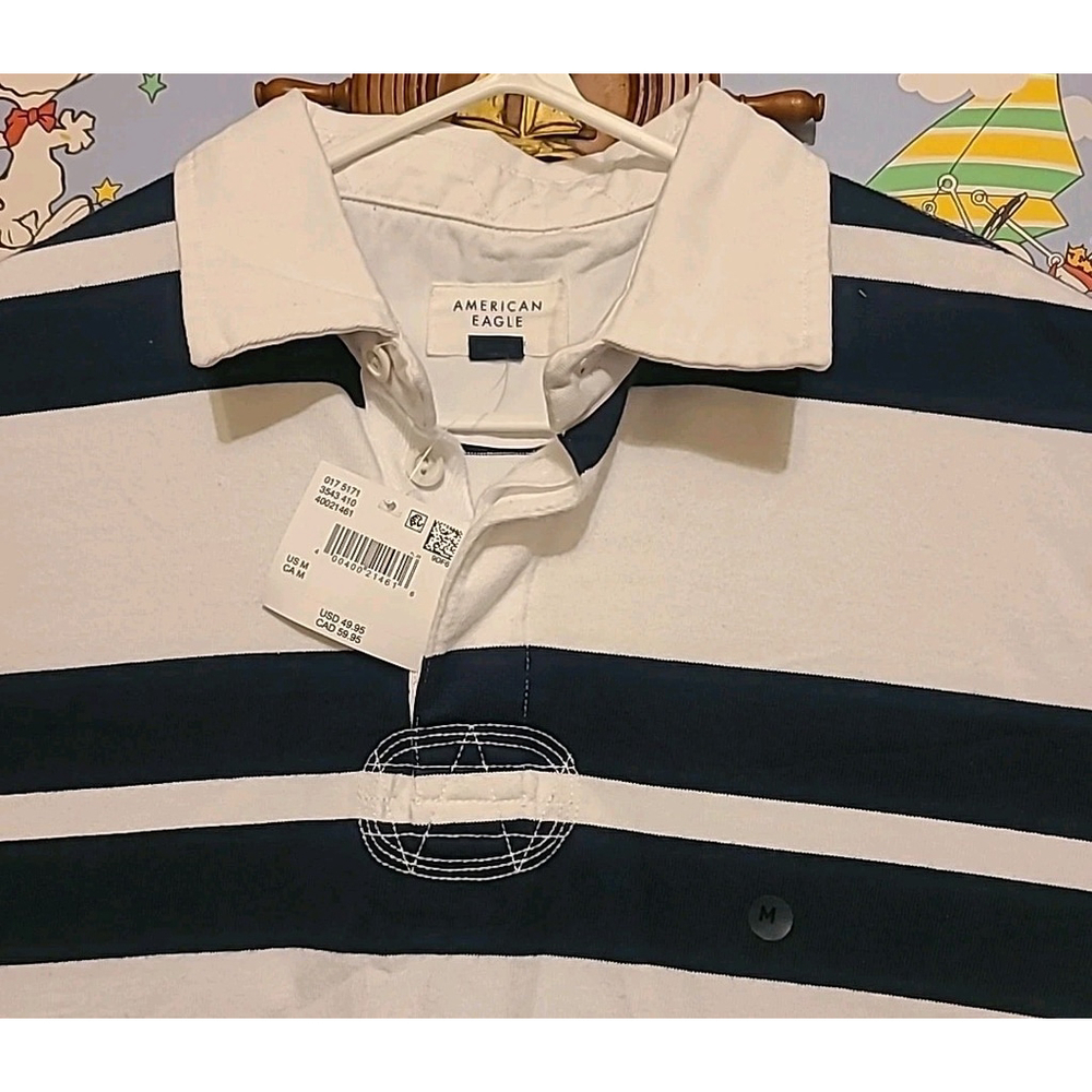 American Eagle Super Soft Long Sleeve Rugby Polo Size Medium Blue White Striped - Picture 2 of 13